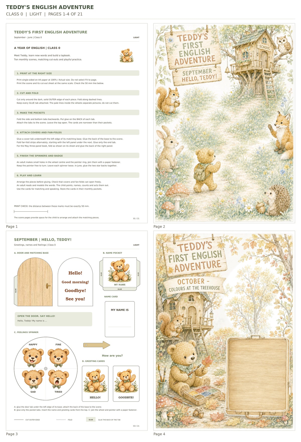 Teddy’s English Adventure – klasa 0, LIGHT. Podgląd stron 1–4 z 21; rzeczywiste strony PDF, po cztery na miniaturze.