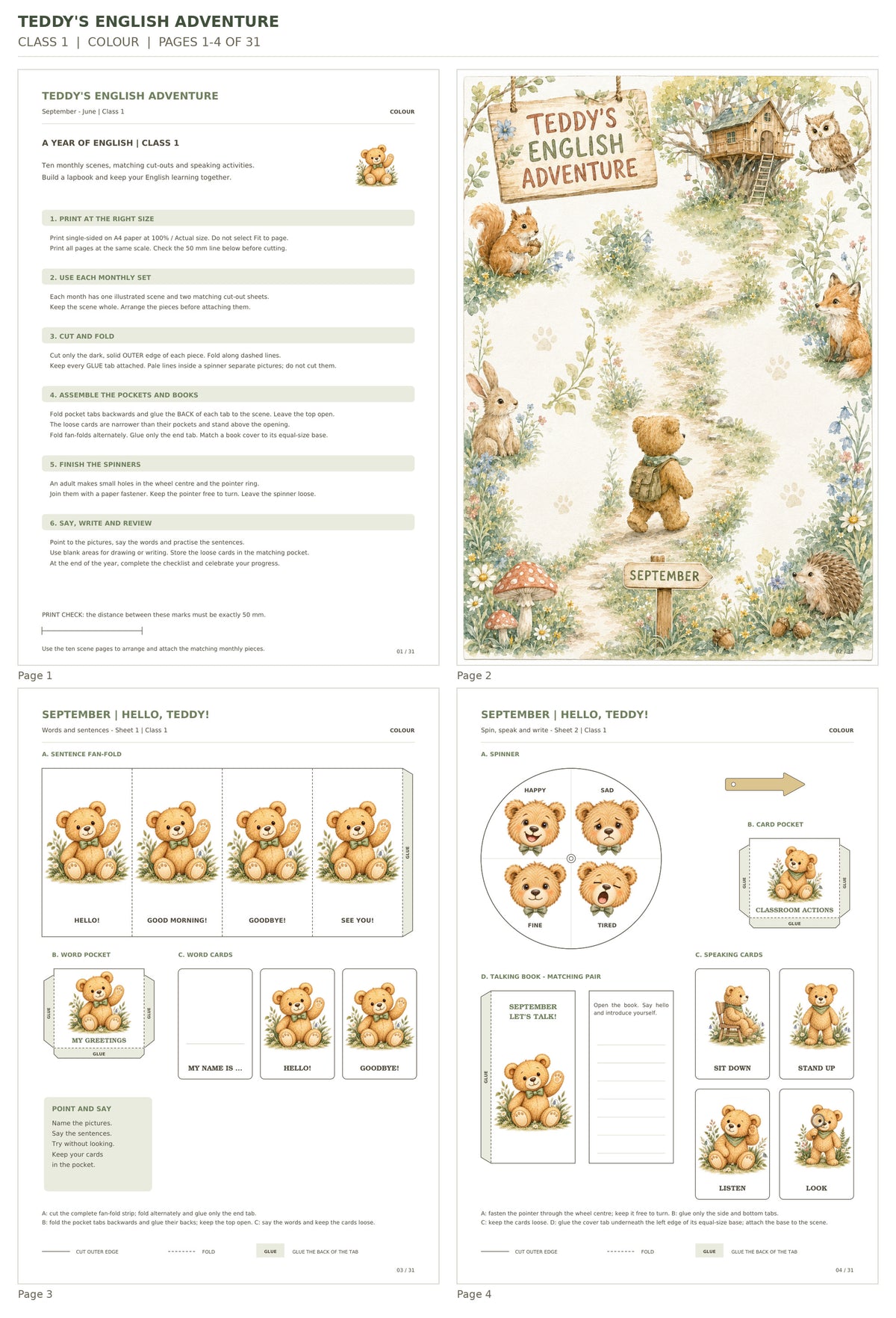 Teddy’s English Adventure – klasa 1, COLOUR. Podgląd stron 1–4 z 31; rzeczywiste strony PDF, po cztery na miniaturze.