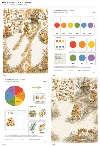 Teddy’s English Adventure – klasa 1, COLOUR. Podgląd stron 5–8 z 31; rzeczywiste strony PDF, po cztery na miniaturze.