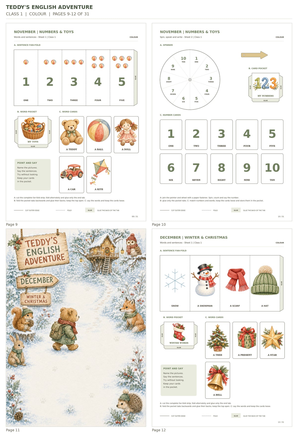 Teddy’s English Adventure – klasa 1, COLOUR. Podgląd stron 9–12 z 31; rzeczywiste strony PDF, po cztery na miniaturze.