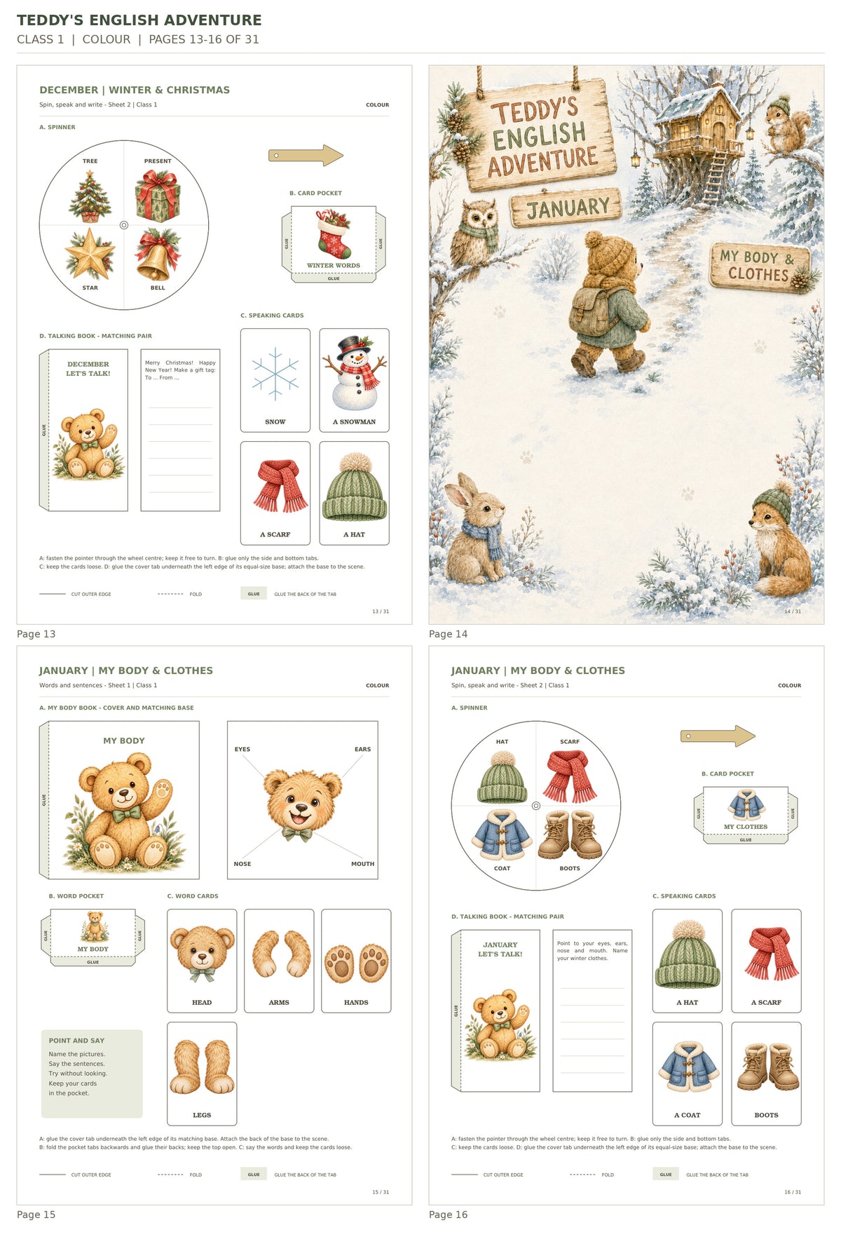 Teddy’s English Adventure – klasa 1, COLOUR. Podgląd stron 13–16 z 31; rzeczywiste strony PDF, po cztery na miniaturze.