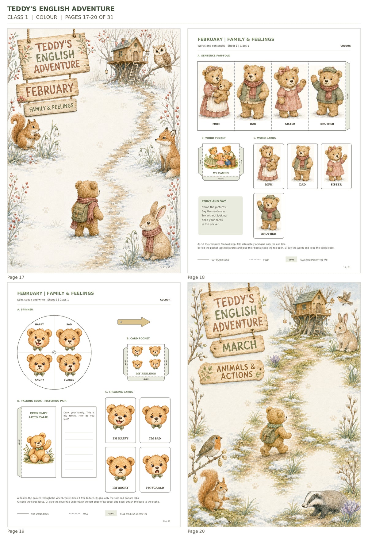 Teddy’s English Adventure – klasa 1, COLOUR. Podgląd stron 17–20 z 31; rzeczywiste strony PDF, po cztery na miniaturze.