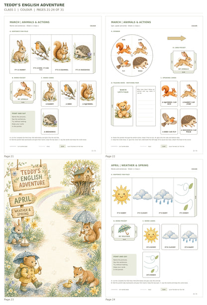 Teddy’s English Adventure – klasa 1, COLOUR. Podgląd stron 21–24 z 31; rzeczywiste strony PDF, po cztery na miniaturze.