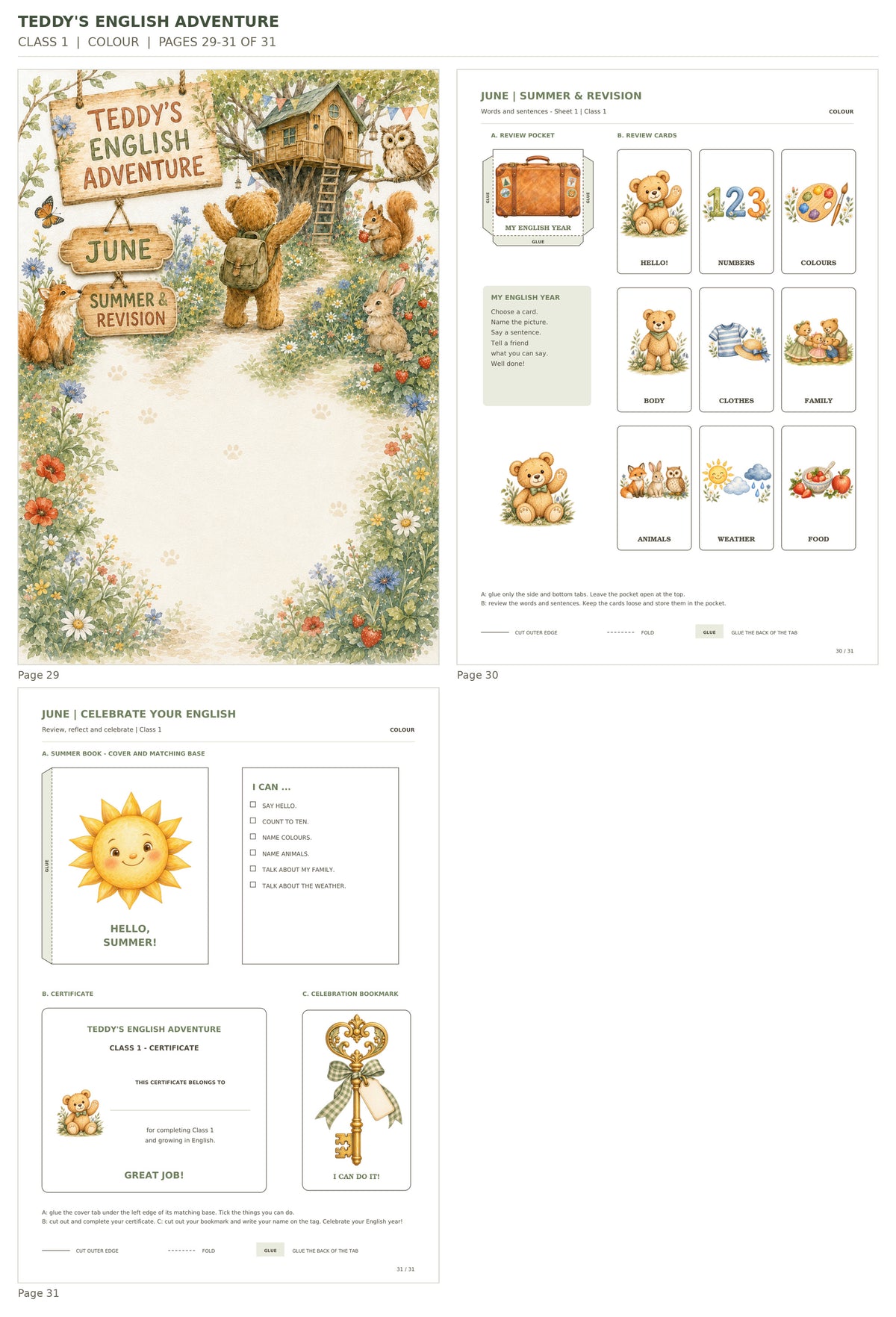 Teddy’s English Adventure – klasa 1, COLOUR. Podgląd stron 29–31 z 31; rzeczywiste strony PDF, po cztery na miniaturze.
