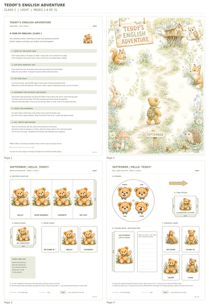 Teddy’s English Adventure – klasa 1, LIGHT. Podgląd stron 1–4 z 31; rzeczywiste strony PDF, po cztery na miniaturze.