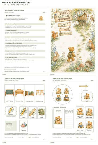 Teddy’s English Adventure – klasa 2, COLOUR. Podgląd stron 1–4 z 31; rzeczywiste strony PDF, po cztery na miniaturze.