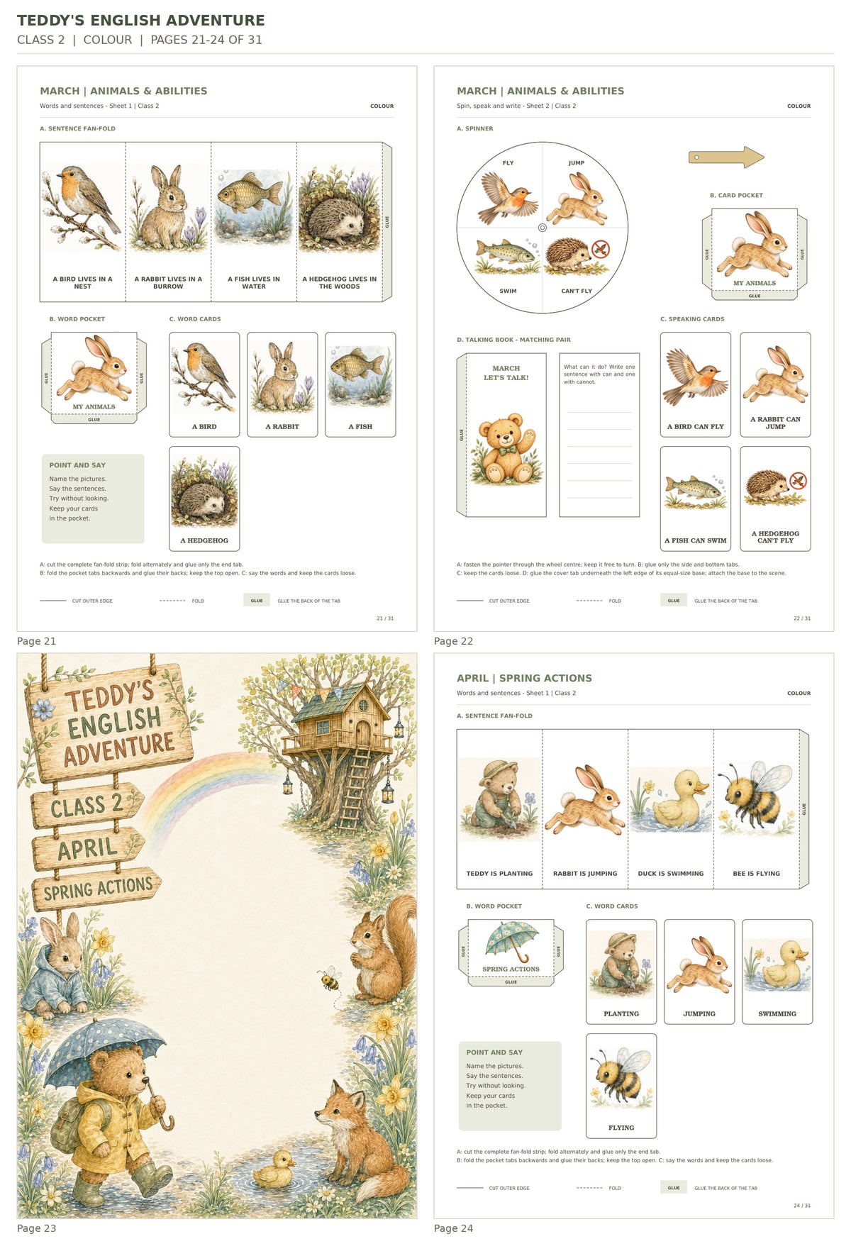 Teddy’s English Adventure – klasa 2, COLOUR. Podgląd stron 21–24 z 31; rzeczywiste strony PDF, po cztery na miniaturze.