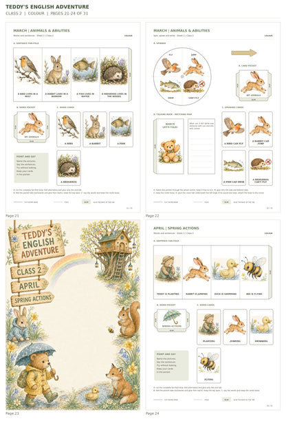 Teddy’s English Adventure – klasa 2, COLOUR. Podgląd stron 21–24 z 31; rzeczywiste strony PDF, po cztery na miniaturze.