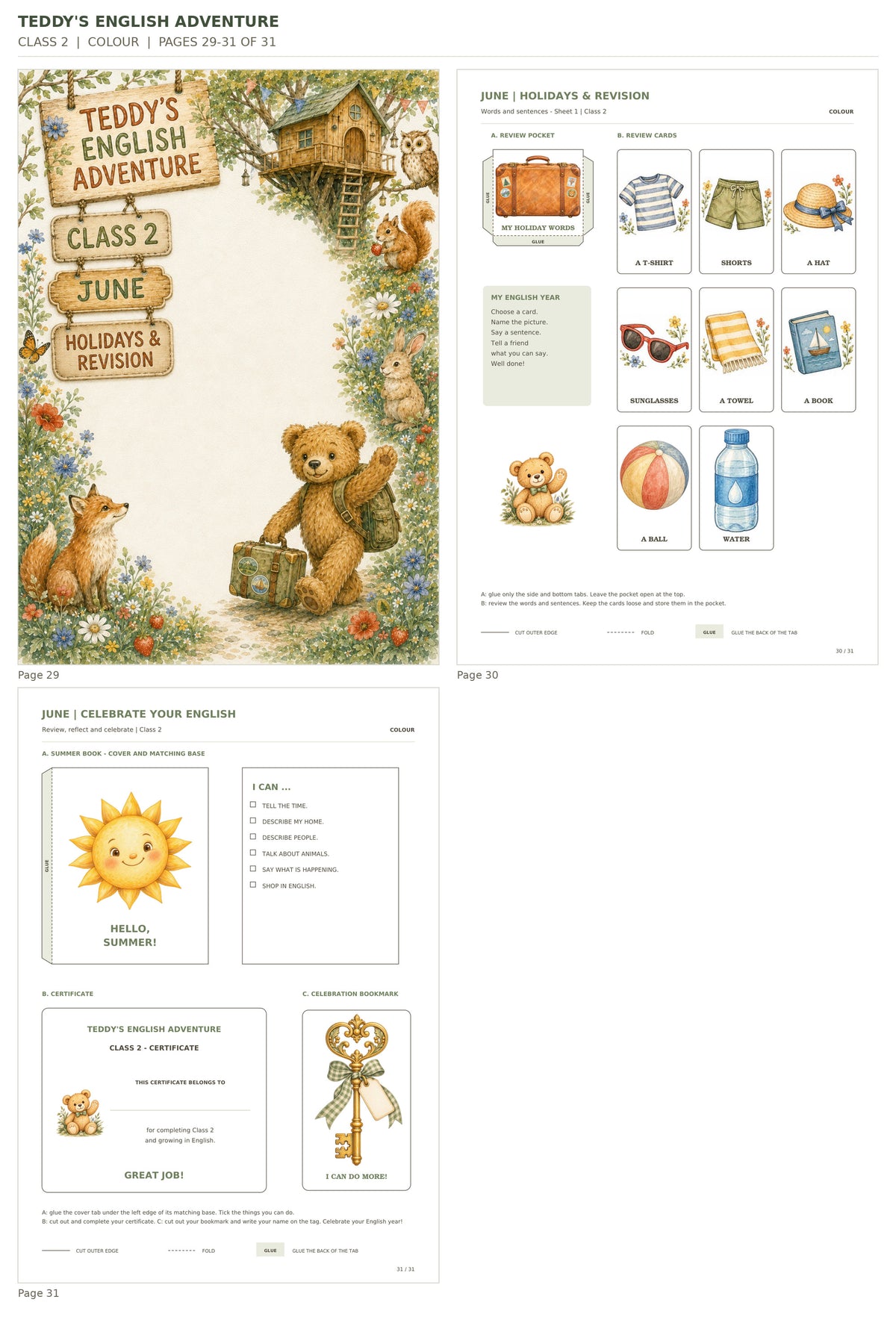 Teddy’s English Adventure – klasa 2, COLOUR. Podgląd stron 29–31 z 31; rzeczywiste strony PDF, po cztery na miniaturze.