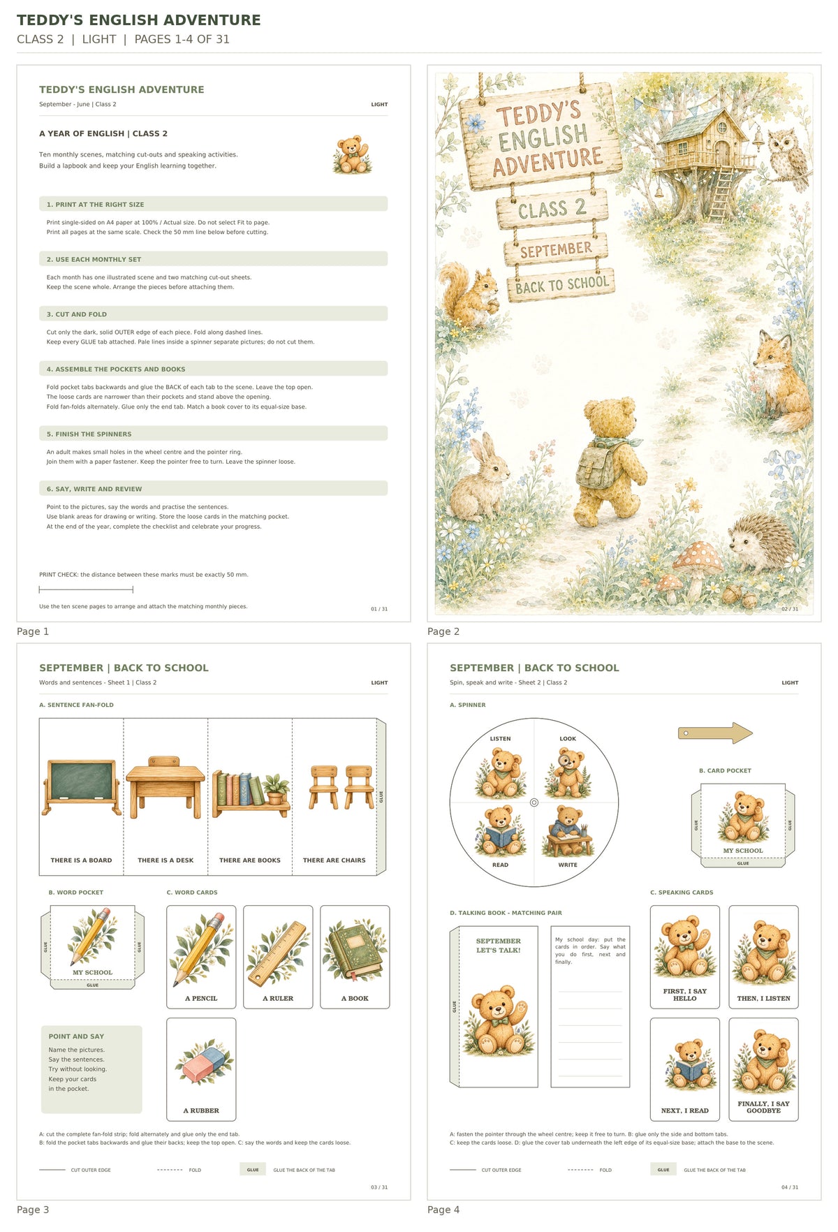 Teddy’s English Adventure – klasa 2, LIGHT. Podgląd stron 1–4 z 31; rzeczywiste strony PDF, po cztery na miniaturze.