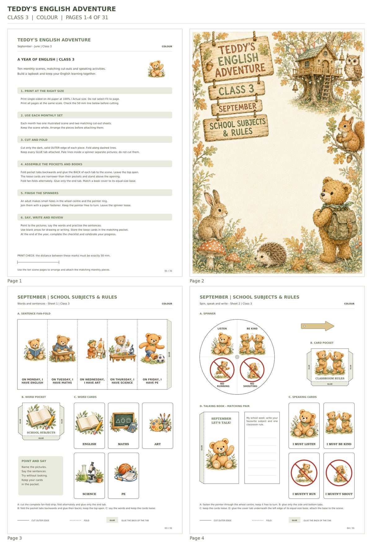 Teddy’s English Adventure – klasa 3, COLOUR. Podgląd stron 1–4 z 31; rzeczywiste strony PDF, po cztery na miniaturze.