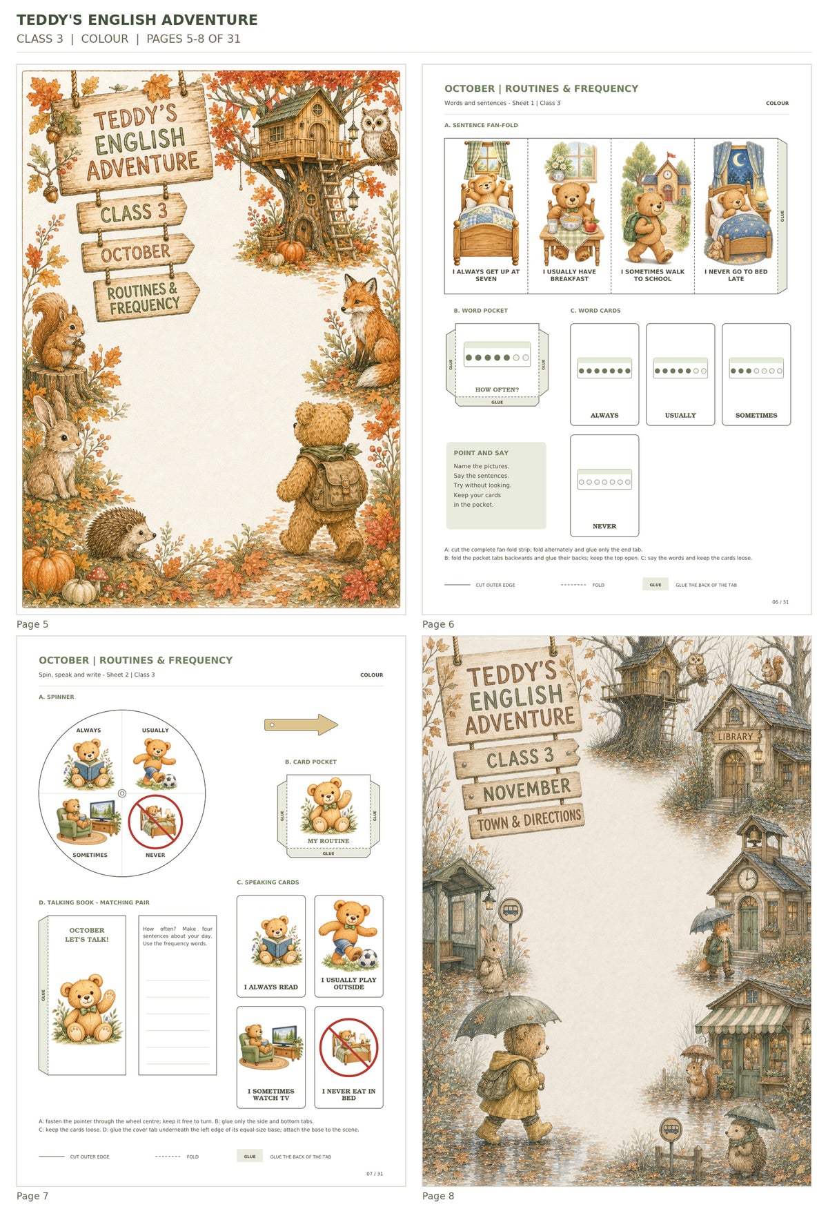 Teddy’s English Adventure – klasa 3, COLOUR. Podgląd stron 5–8 z 31; rzeczywiste strony PDF, po cztery na miniaturze.