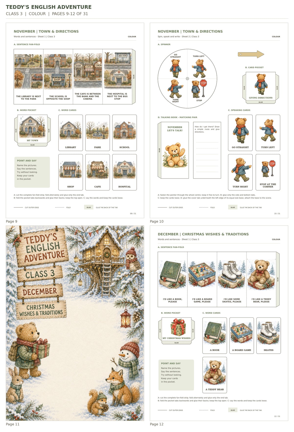 Teddy’s English Adventure – klasa 3, COLOUR. Podgląd stron 9–12 z 31; rzeczywiste strony PDF, po cztery na miniaturze.