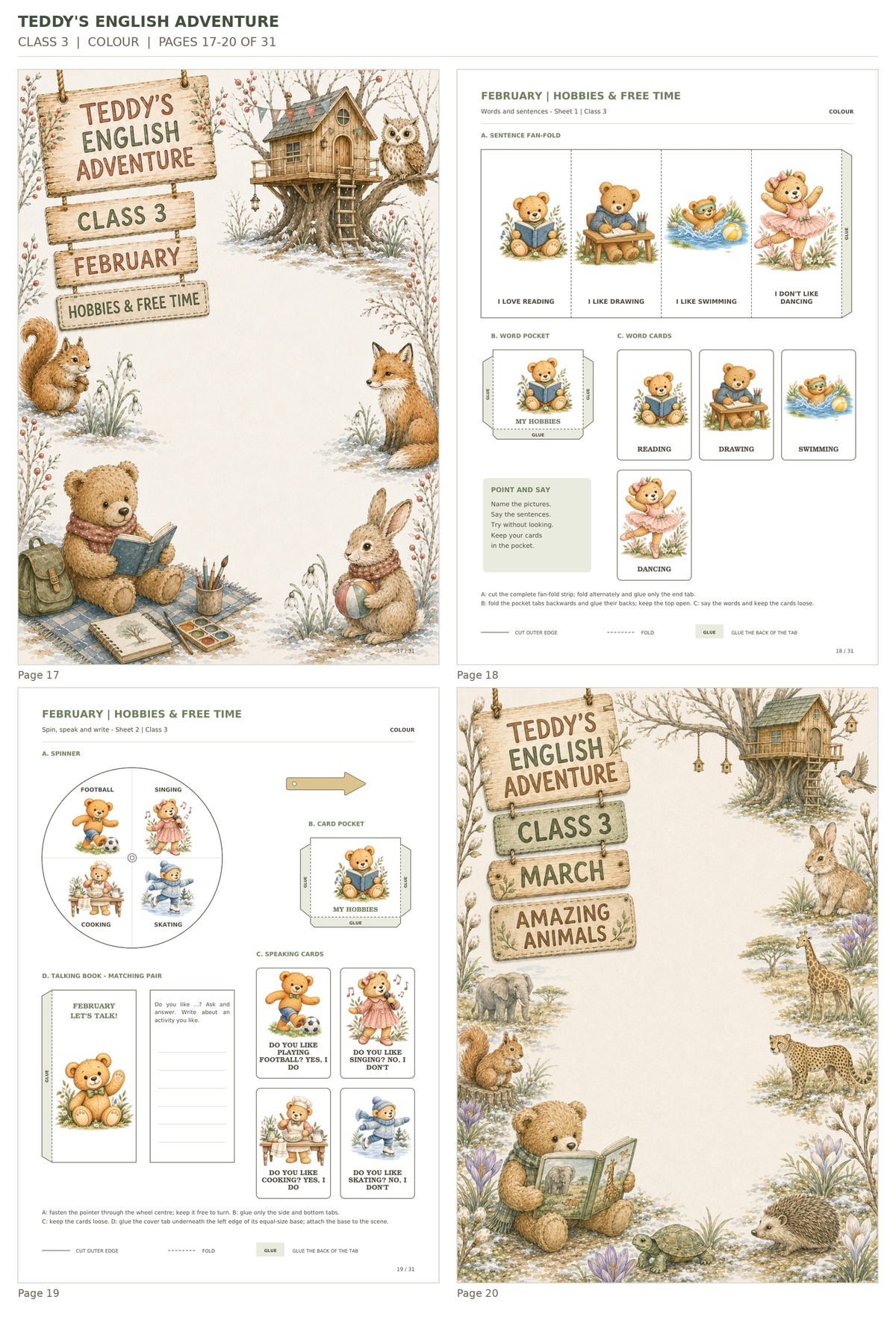 Teddy’s English Adventure – klasa 3, COLOUR. Podgląd stron 17–20 z 31; rzeczywiste strony PDF, po cztery na miniaturze.