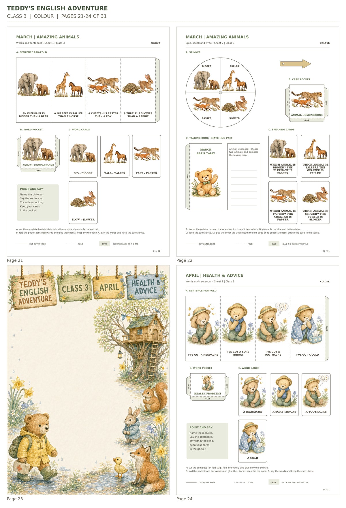 Teddy’s English Adventure – klasa 3, COLOUR. Podgląd stron 21–24 z 31; rzeczywiste strony PDF, po cztery na miniaturze.