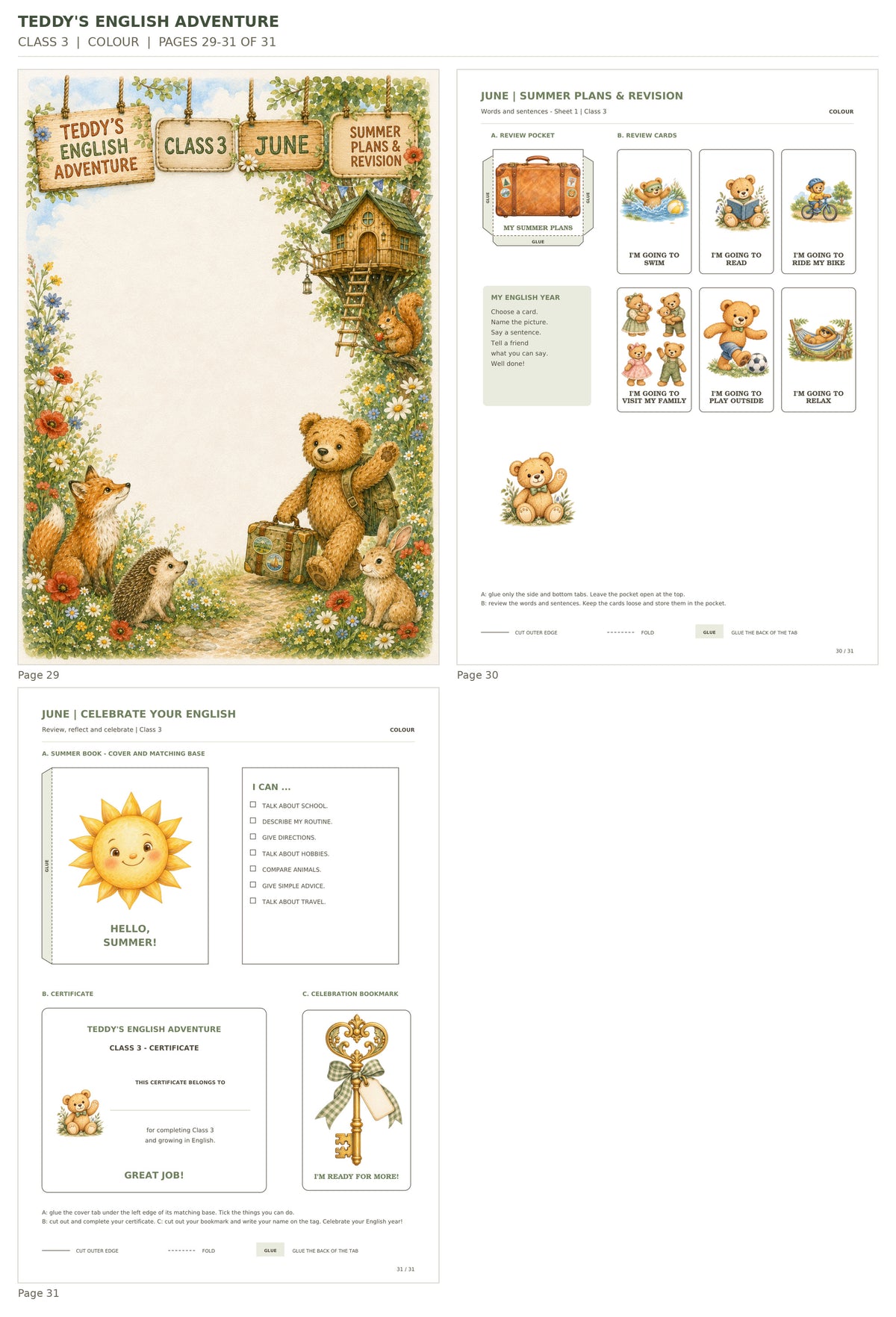 Teddy’s English Adventure – klasa 3, COLOUR. Podgląd stron 29–31 z 31; rzeczywiste strony PDF, po cztery na miniaturze.