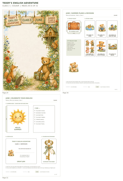Teddy’s English Adventure – klasa 3, COLOUR. Podgląd stron 29–31 z 31; rzeczywiste strony PDF, po cztery na miniaturze.