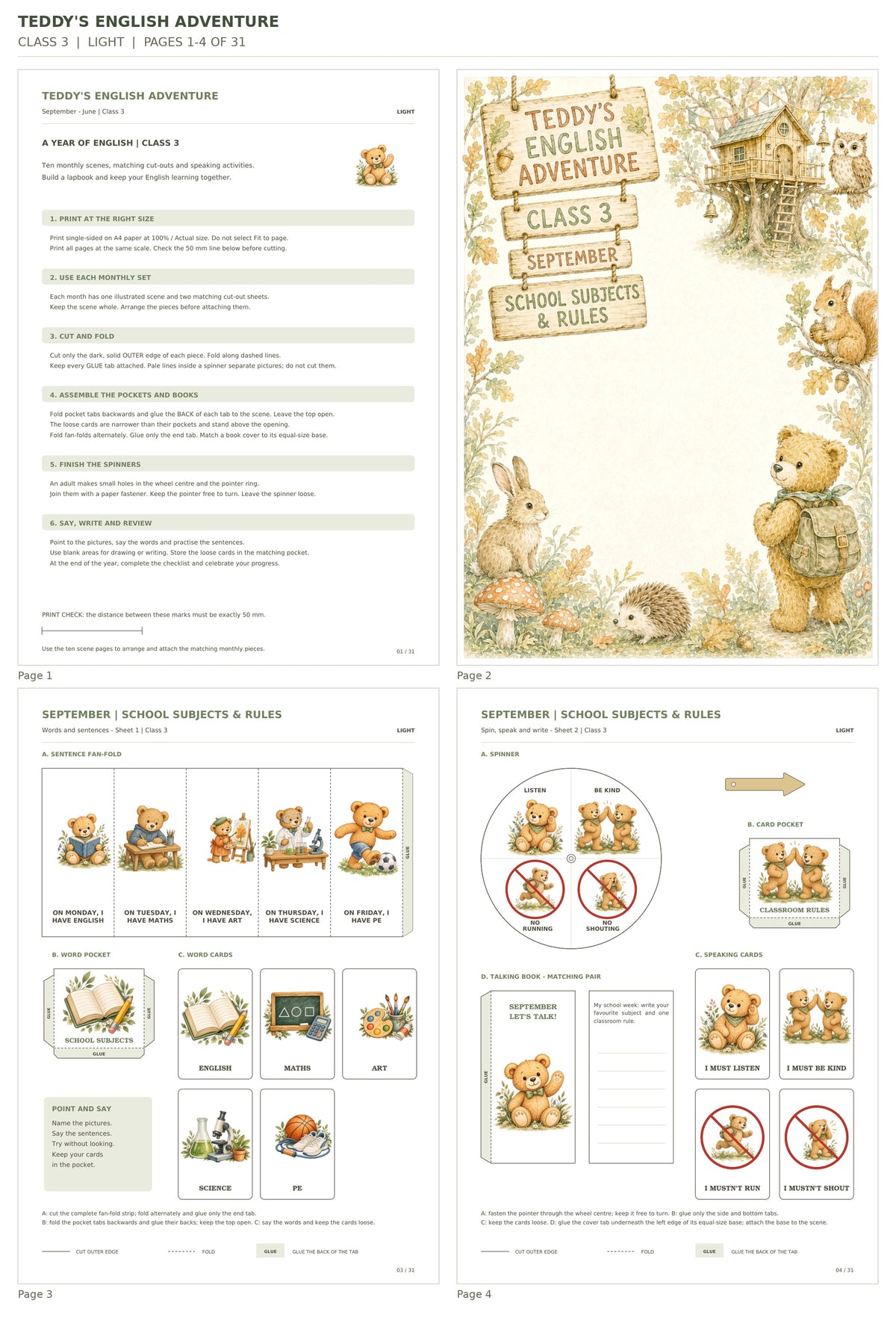 Teddy’s English Adventure – klasa 3, LIGHT. Podgląd stron 1–4 z 31; rzeczywiste strony PDF, po cztery na miniaturze.