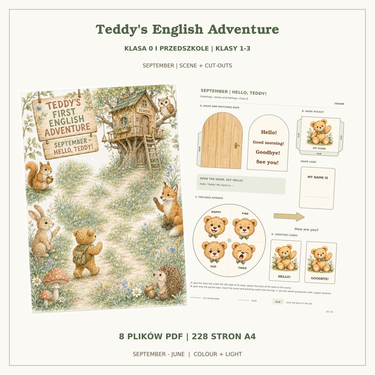 Teddy’s English Adventure – klasa 0 i przedszkole oraz klasy 1–3. Okładka pokazuje wrześniową planszę i pasującą stronę do wycinania. 8 PDF, 228 stron A4, COLOUR i LIGHT.