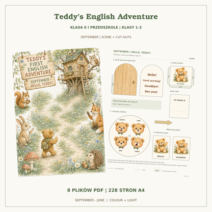 Teddy’s English Adventure – klasa 0 i przedszkole oraz klasy 1–3. Okładka pokazuje wrześniową planszę i pasującą stronę do wycinania. 8 PDF, 228 stron A4, COLOUR i LIGHT.