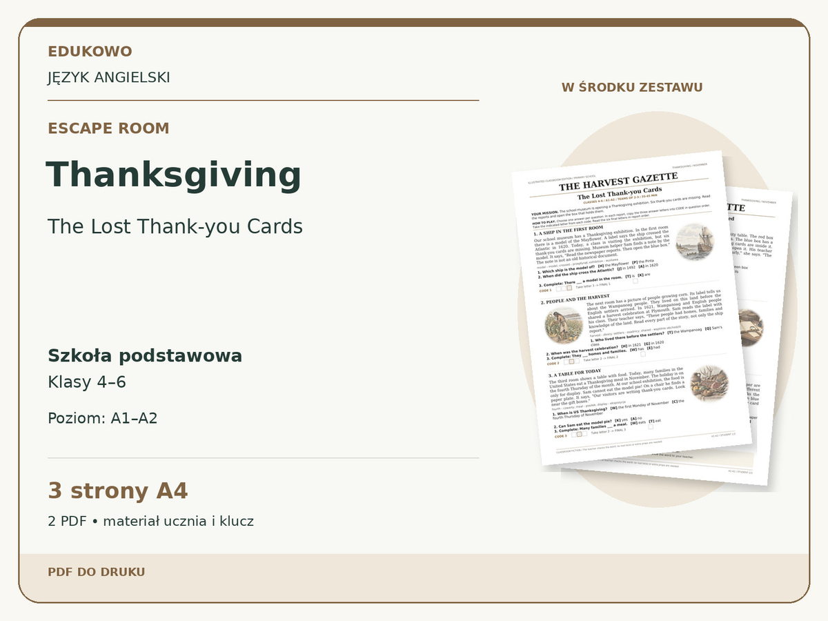 Thanksgiving – Escape room. Język angielski. Szkoła podstawowa, klasy 4–6. Poziom A1–A2. 3 strony A4. 2 PDF • materiał ucznia i klucz.