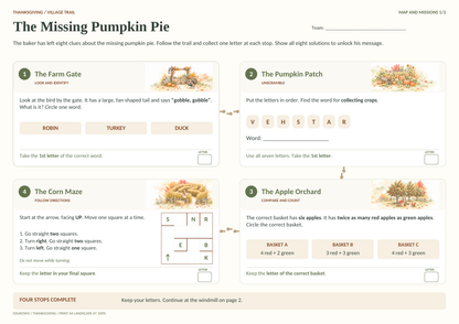 The Missing Pumpkin Pie – pierwsza plansza z mapą, śladami butów i zadaniami 1–4