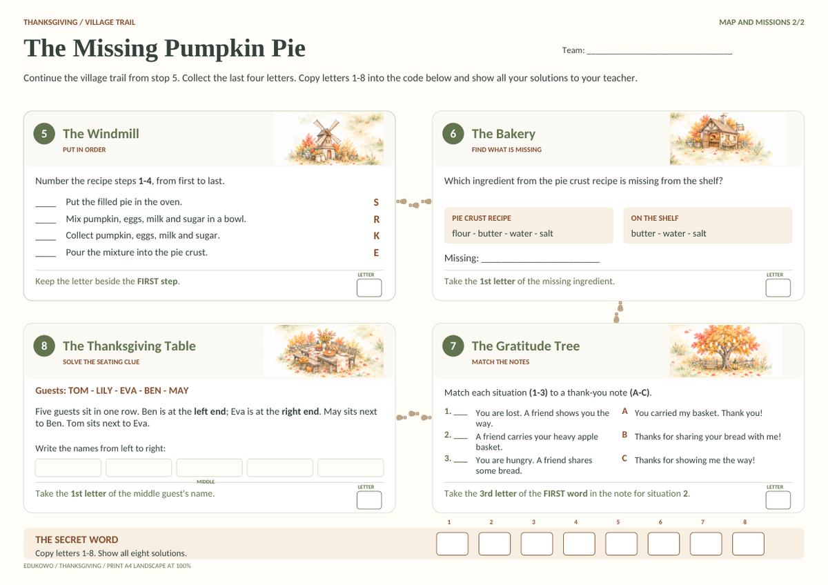 The Missing Pumpkin Pie – druga plansza z zadaniami 5–8 i polem na hasło