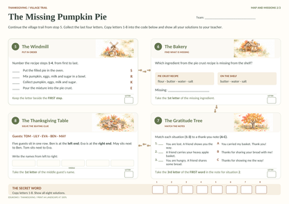 The Missing Pumpkin Pie – druga plansza z zadaniami 5–8 i polem na hasło