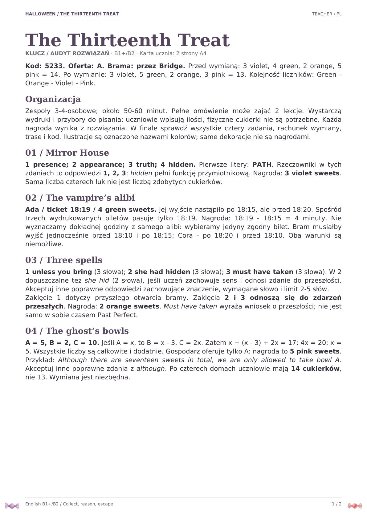 The Thirteenth Treat — B1+/B2, klucz, strona 1 z 2