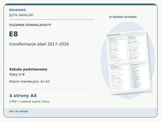 E8 – Egzamin ósmoklasisty. Język angielski. Szkoła podstawowa, klasy 4–8. Poziom orientacyjny A1–A2. 4 strony A4. 2 PDF • materiał ucznia i klucz.