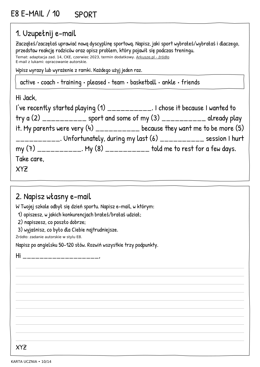 E8 e-mail – Sport, karta ucznia 10/14