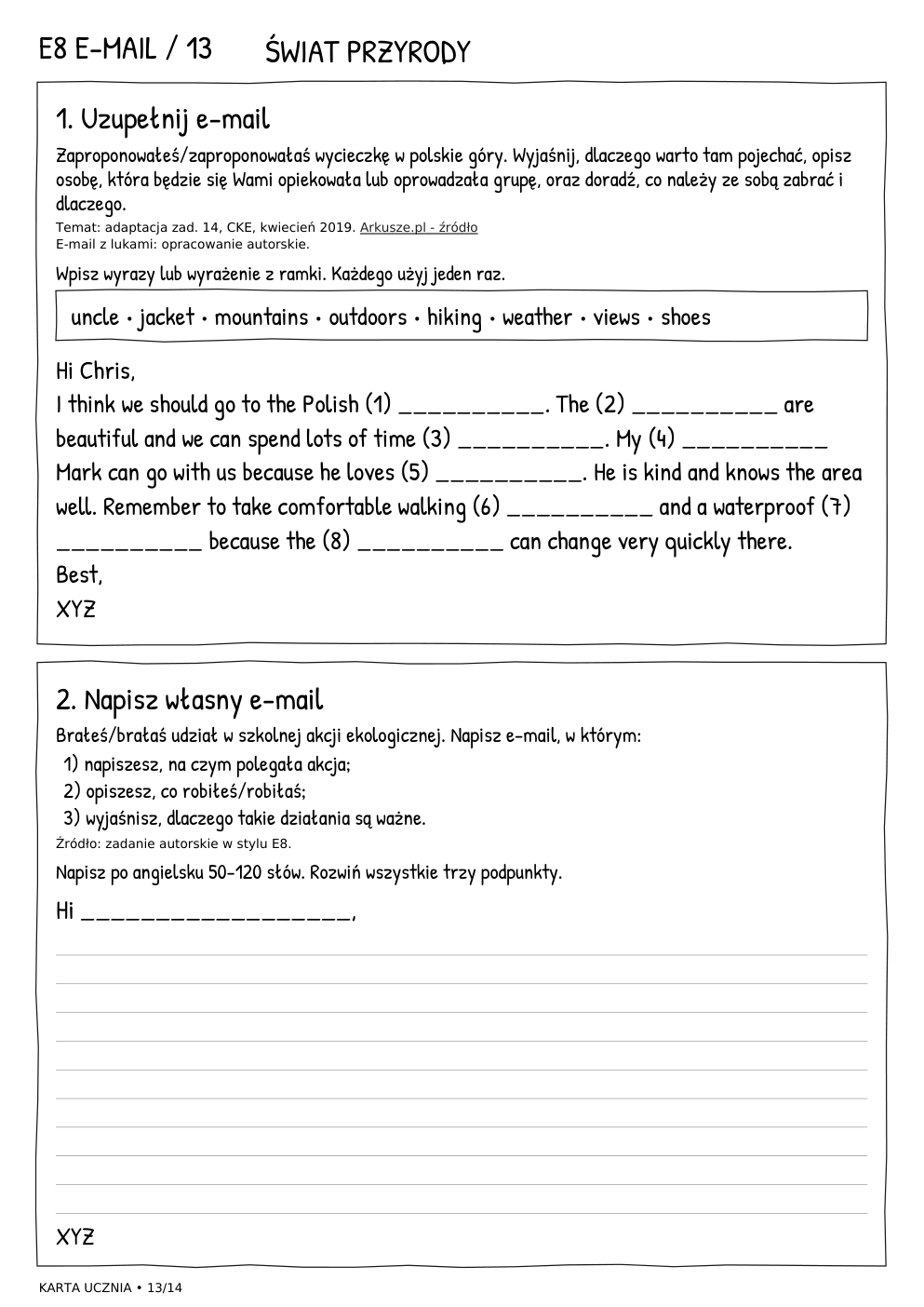 E8 e-mail – Świat przyrody, karta ucznia 13/14