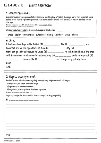 E8 e-mail – Świat przyrody, karta ucznia 13/14