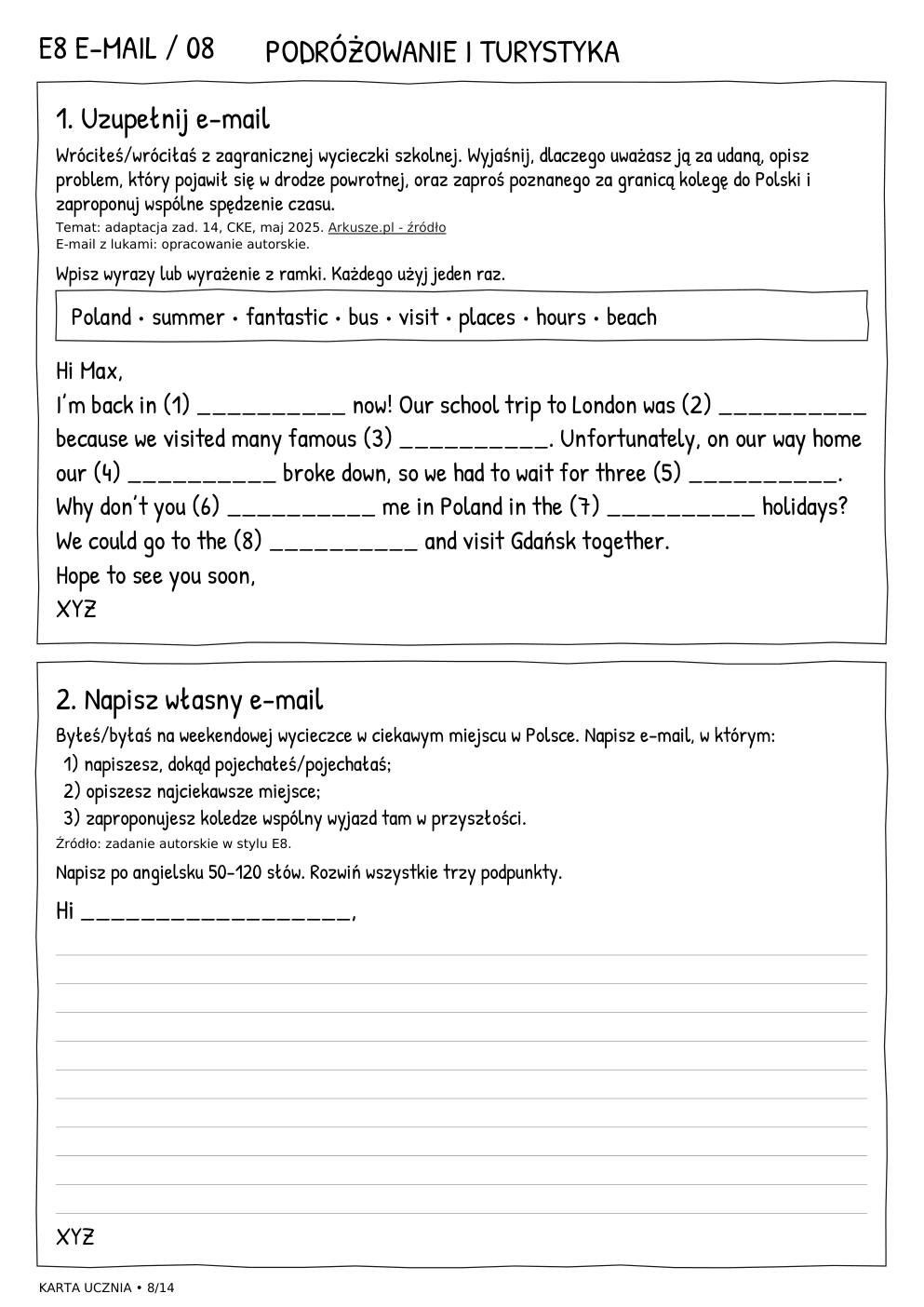 E8 e-mail – Podróżowanie i turystyka, karta ucznia