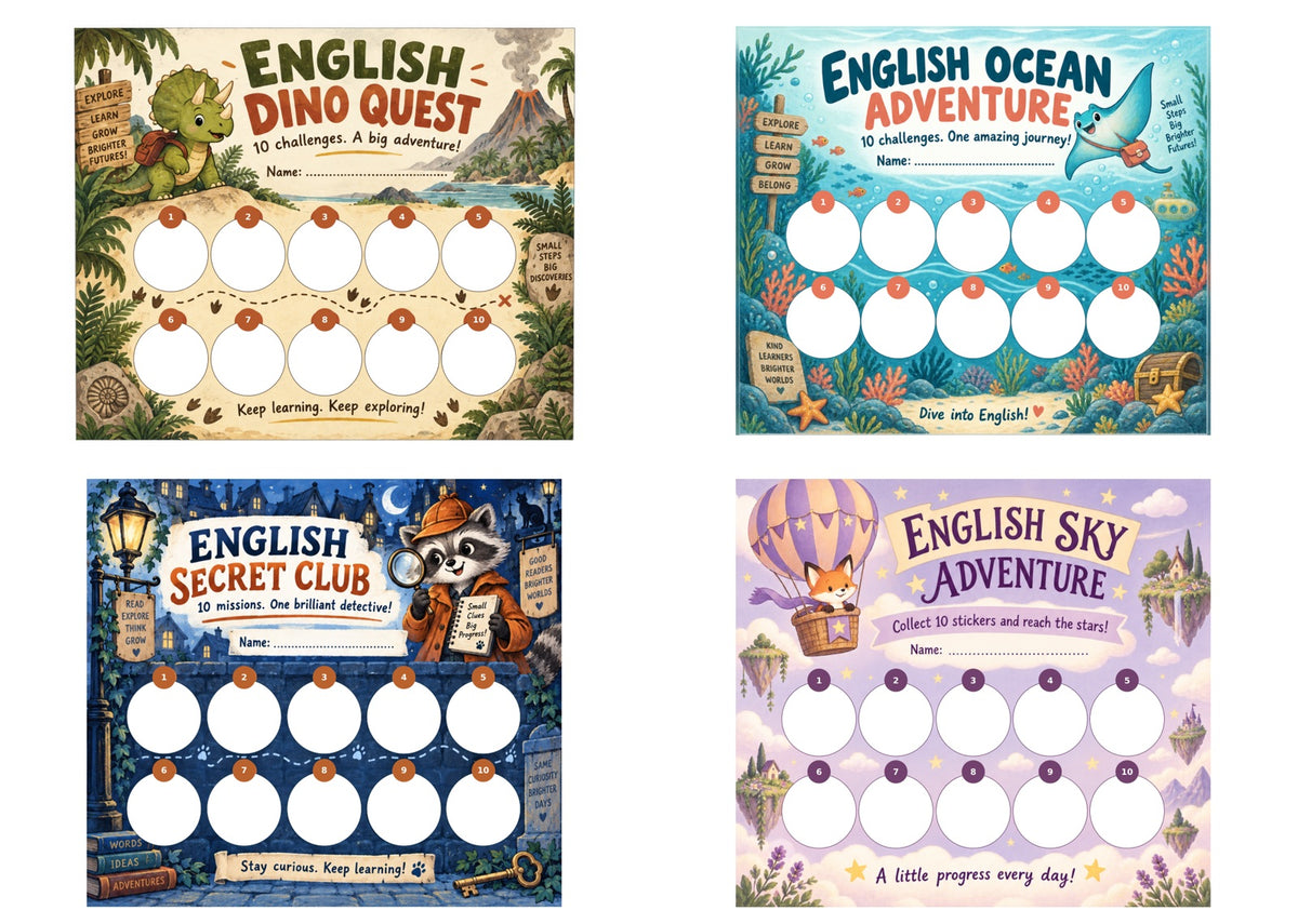 Cztery karty motywacyjne do angielskiego: Dino Quest, Ocean Adventure, Secret Club i Sky Adventure
