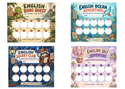 Cztery karty motywacyjne do angielskiego: Dino Quest, Ocean Adventure, Secret Club i Sky Adventure