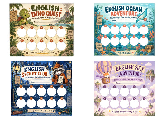 Cztery karty motywacyjne do angielskiego: Dino Quest, Ocean Adventure, Secret Club i Sky Adventure