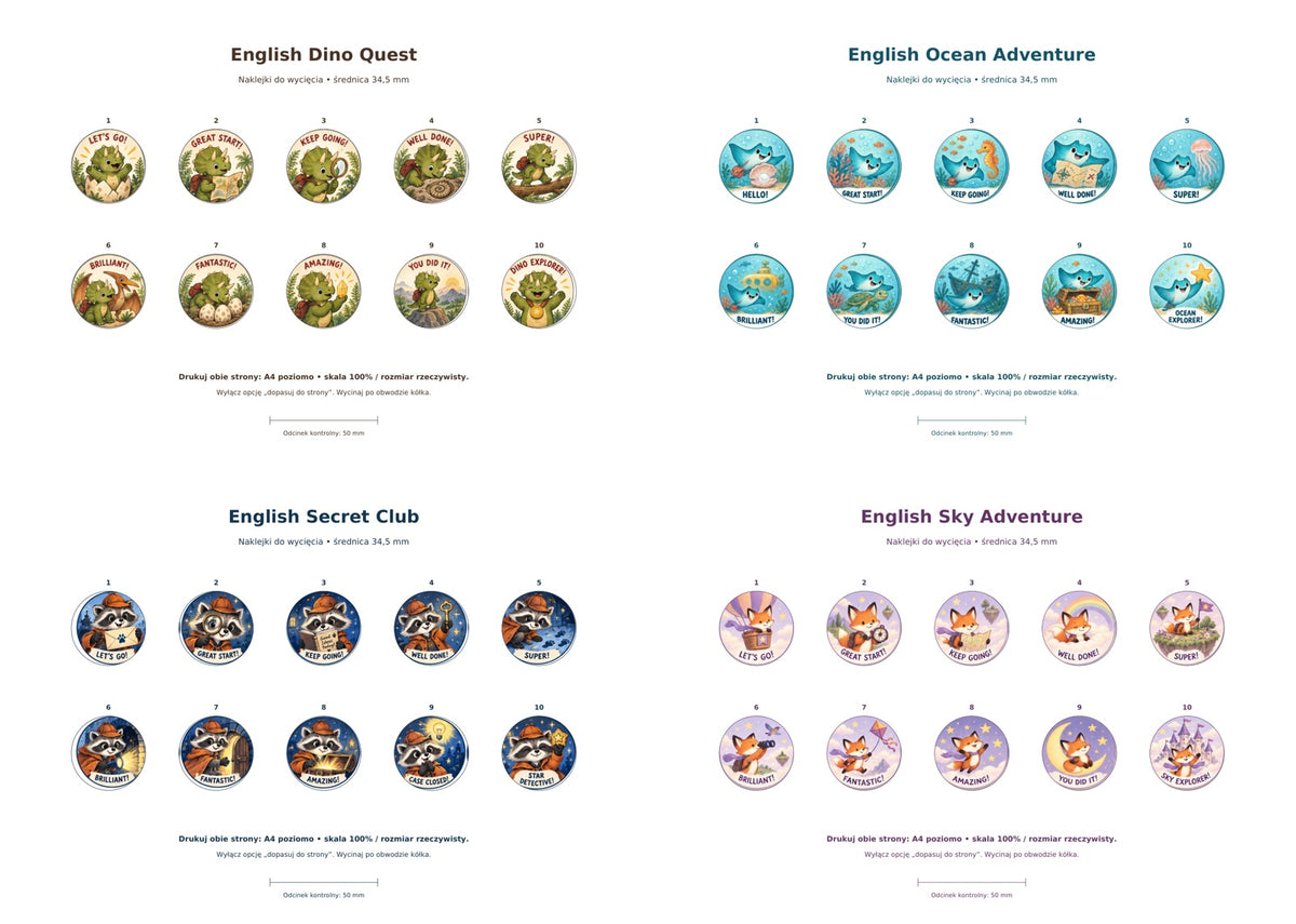 Kółka do wycięcia do czterech kart motywacyjnych English Adventure – po 10 na każdy wzór
