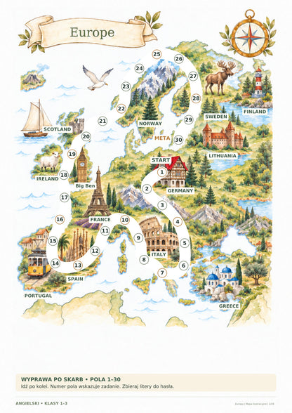 Escape room – kontynenty, angielski, klasy 1–3. Strona 1 z 28: Europa – mapa.