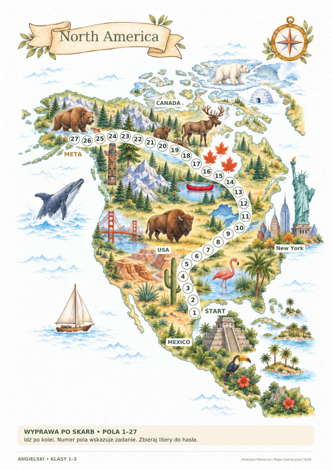 Escape room – kontynenty, angielski, klasy 1–3. Strona 9 z 28: Ameryka Północna – mapa.