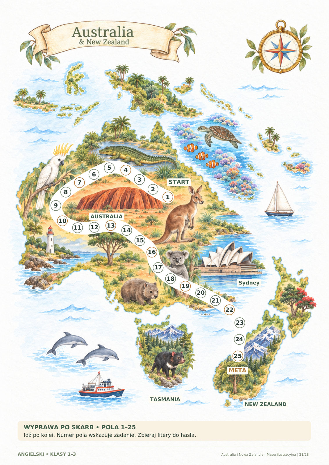 Escape room – kontynenty, angielski, klasy 1–3. Strona 21 z 28: Australia i Nowa Zelandia – mapa.