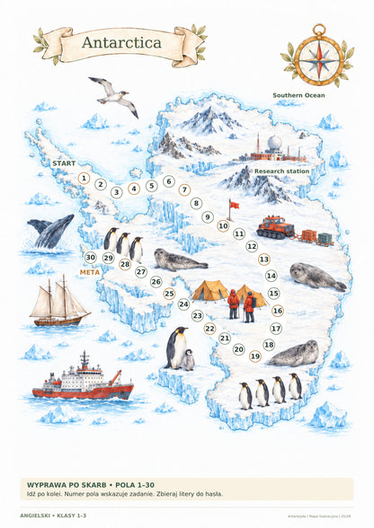Escape room – kontynenty, angielski, klasy 1–3. Strona 25 z 28: Antarktyda – mapa.