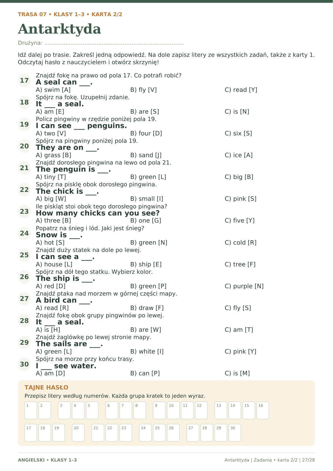 Escape room – kontynenty, angielski, klasy 1–3. Strona 27 z 28: Antarktyda – zadania 2.