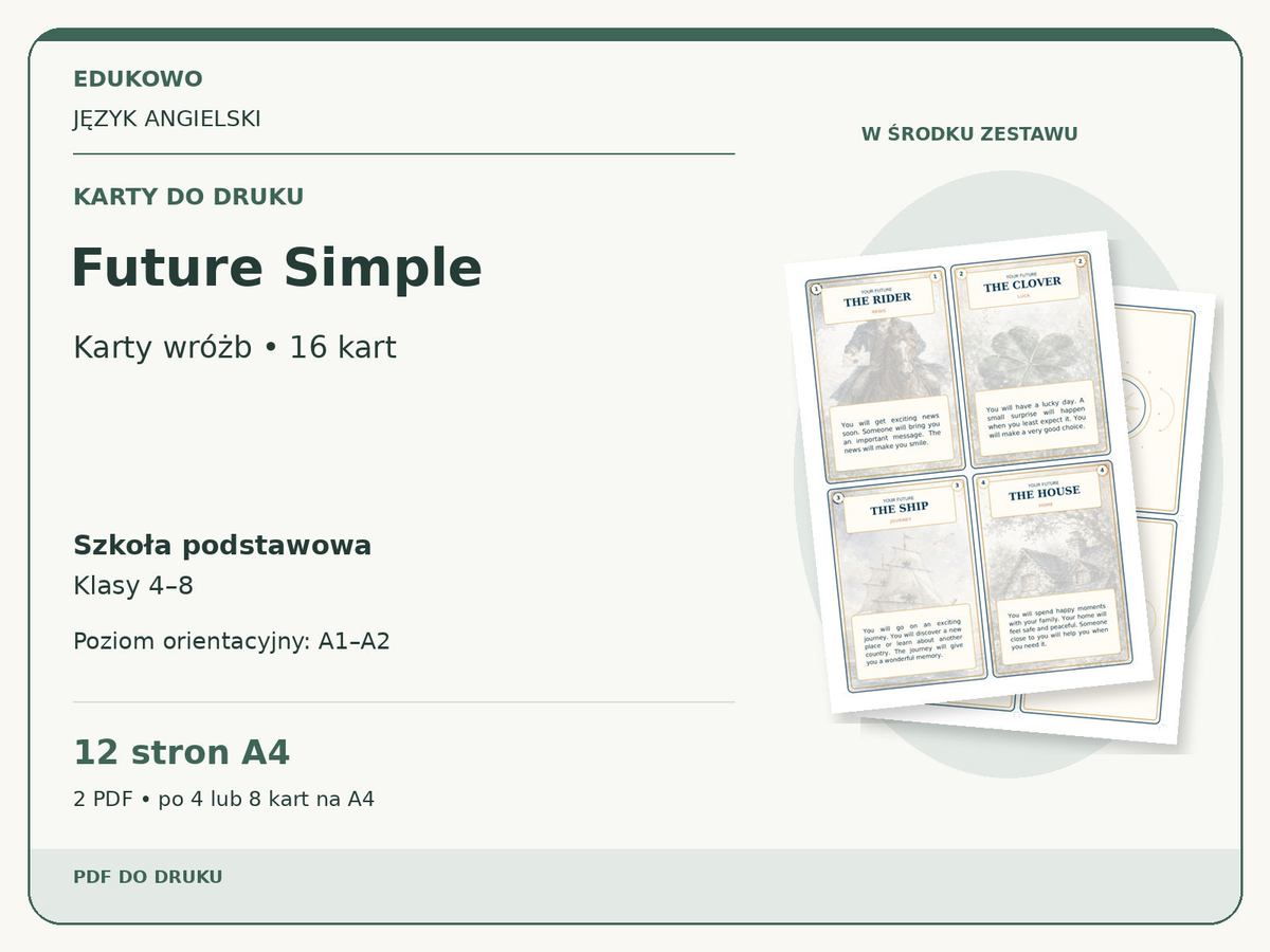 Future Simple – Karty do druku. Język angielski. Szkoła podstawowa, klasy 4–8. Poziom orientacyjny A1–A2. 12 stron A4. 2 PDF • po 4 lub 8 kart na A4.