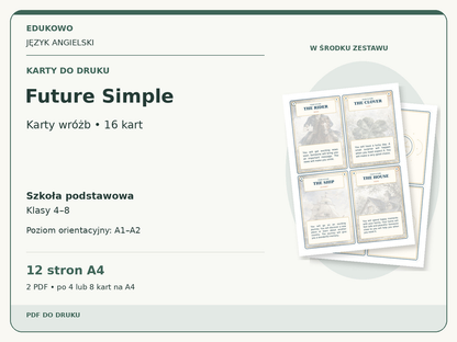 Future Simple – Karty do druku. Język angielski. Szkoła podstawowa, klasy 4–8. Poziom orientacyjny A1–A2. 12 stron A4. 2 PDF • po 4 lub 8 kart na A4.