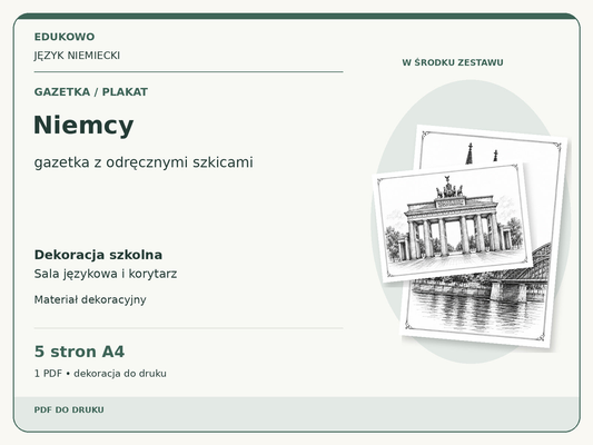 Niemcy – Gazetka / plakat. Język niemiecki. Dekoracja szkolna, sala językowa i korytarz. 5 stron A4. 1 PDF • dekoracja do druku.