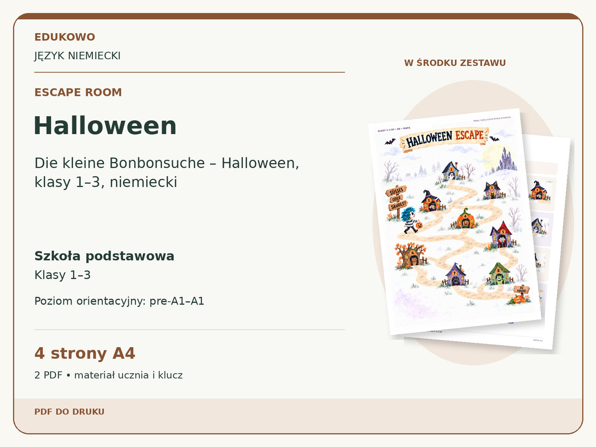 Halloween – Escape room. Język niemiecki. Szkoła podstawowa, klasy 1–3. Poziom orientacyjny pre-A1–A1. 4 strony A4. 2 PDF • materiał ucznia i klucz.