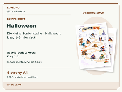 Halloween – Escape room. Język niemiecki. Szkoła podstawowa, klasy 1–3. Poziom orientacyjny pre-A1–A1. 4 strony A4. 2 PDF • materiał ucznia i klucz.