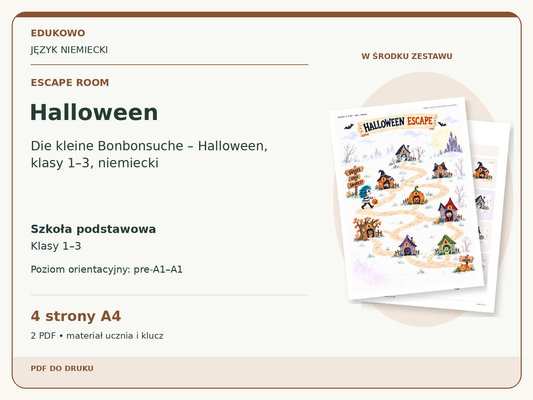 Halloween – Escape room. Język niemiecki. Szkoła podstawowa, klasy 1–3. Poziom orientacyjny pre-A1–A1. 4 strony A4. 2 PDF • materiał ucznia i klucz.