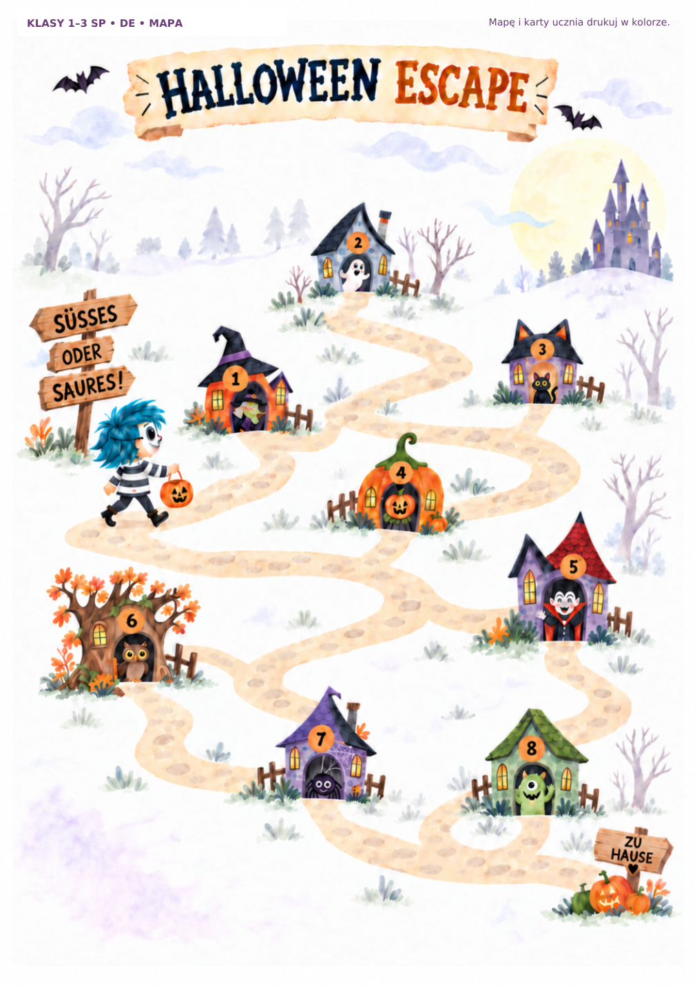 Halloween, klasy 1–3, niemiecki: mapa z ośmioma domkami.